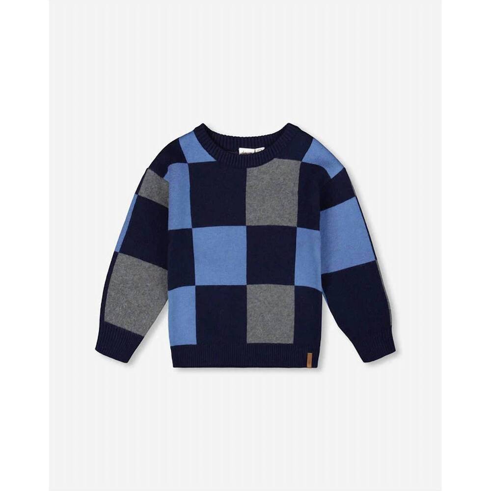 NEW DEUX PAR DEUX boys' checker knit sweater in blue/grey